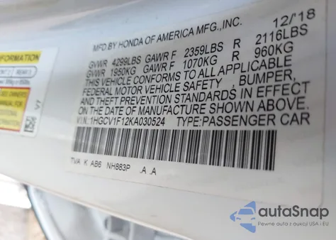 2019 Honda Accord Lx z USA, uszkodzony, nr VIN 1HGCV1F12KA030524